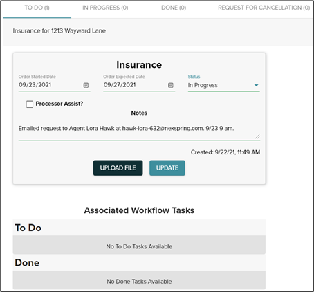 Insurance in progress, update button 