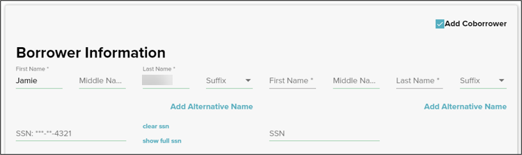 Borrower Information, Add coborrower selected