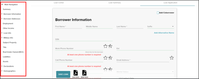 Left Navigation Menu on the Borrower Information screen