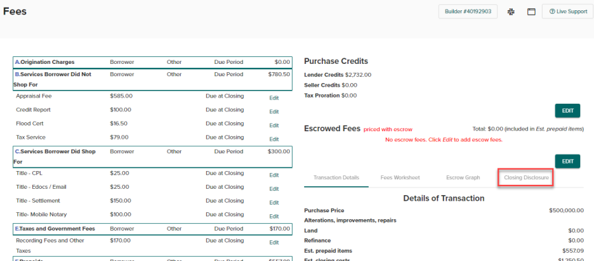 Fees Screen, Closing Dislosure tab highlighted