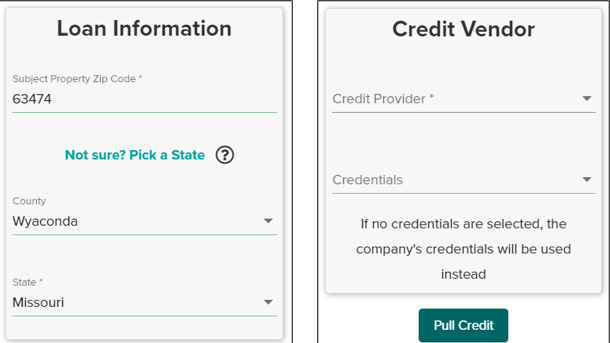 Loan Information and credit vendor, Pull Credit button