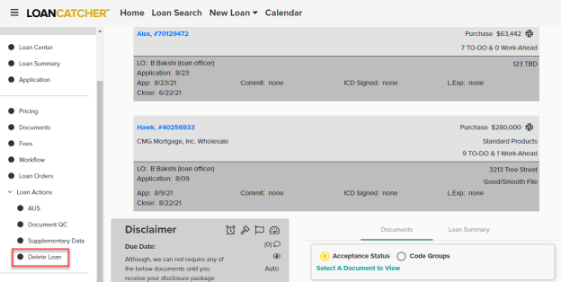 Left hand menu,  Delete Loan option