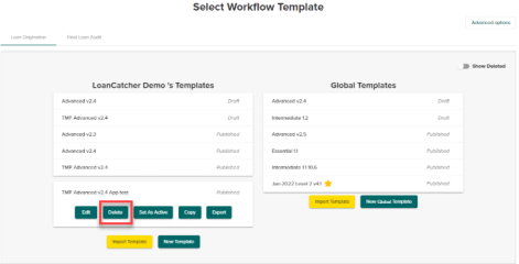 Select Workflow Template, Delete option highlighted