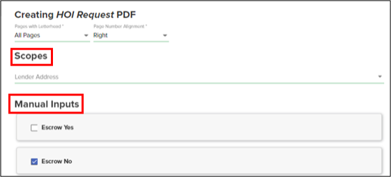 Creating HOI request PDF, Scopes and Manual Inputs highlighted