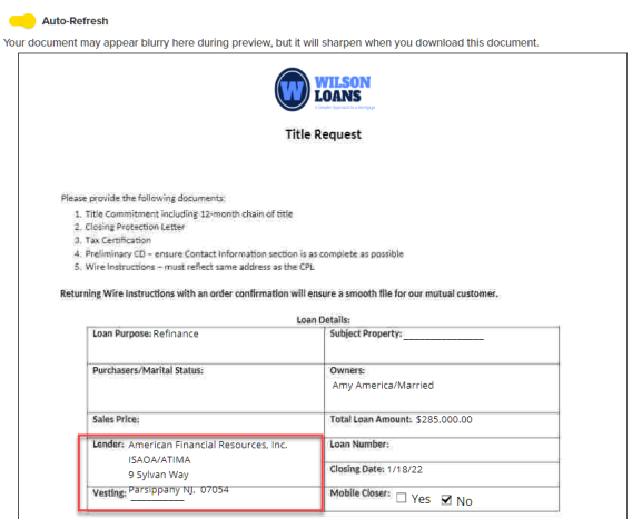 Lender Data entered in Document