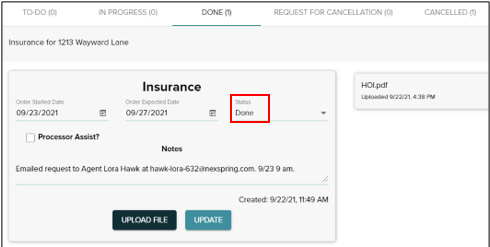 Insurance screen status changed to Done