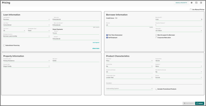 Pricing screen