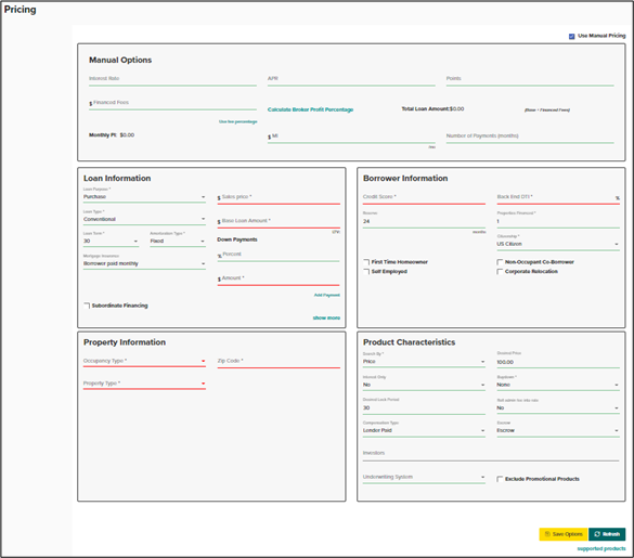 Pricing screen