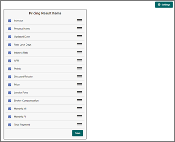 Pricing result Items