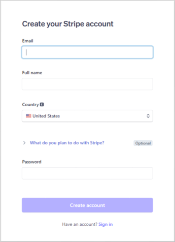 Create your stripe account screen, email