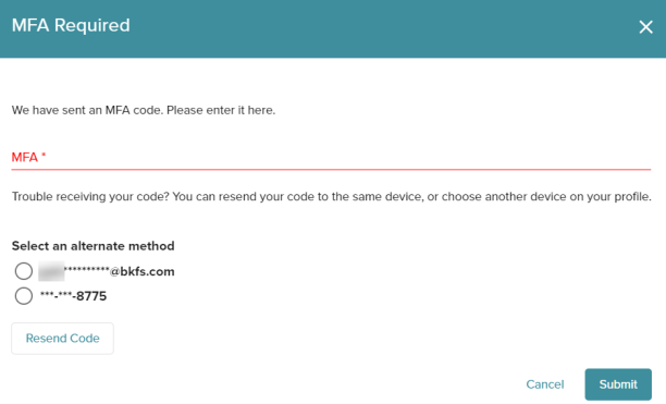 MFA Require screen with alternate options to receive MFA