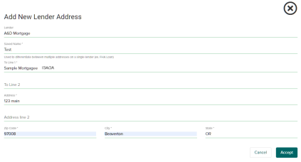 Add new lender address input screen