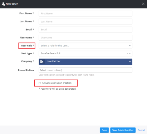 Surefire, activate new user, role and activate user option highlighted