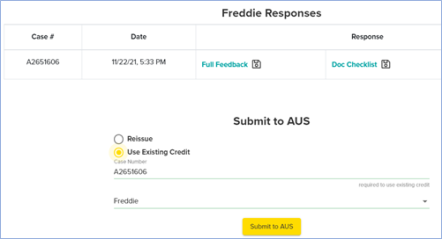 Submit to AUS, Use Exisitng Credit selected